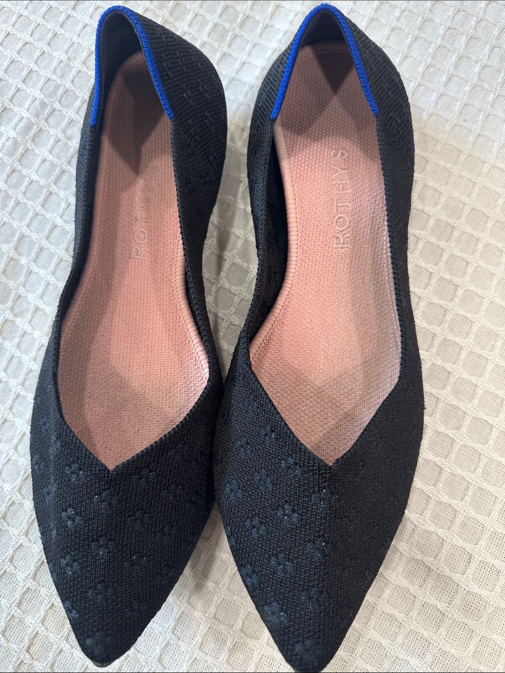 Rothy's Black Pointed Toe Flats with Blue Trim